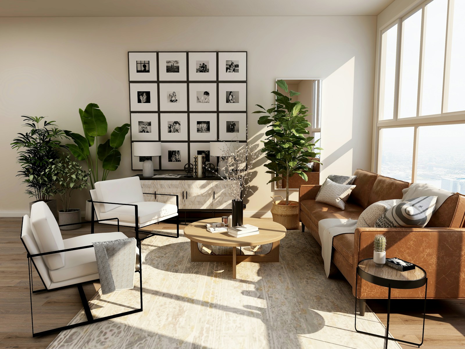 Temporary illustrative interior with natural light and greenery